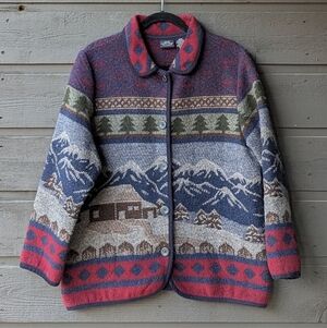 VTG  Sonoma Wool Blend Button Up Jacket Mountains Log Cabin Xmas Trees Medium